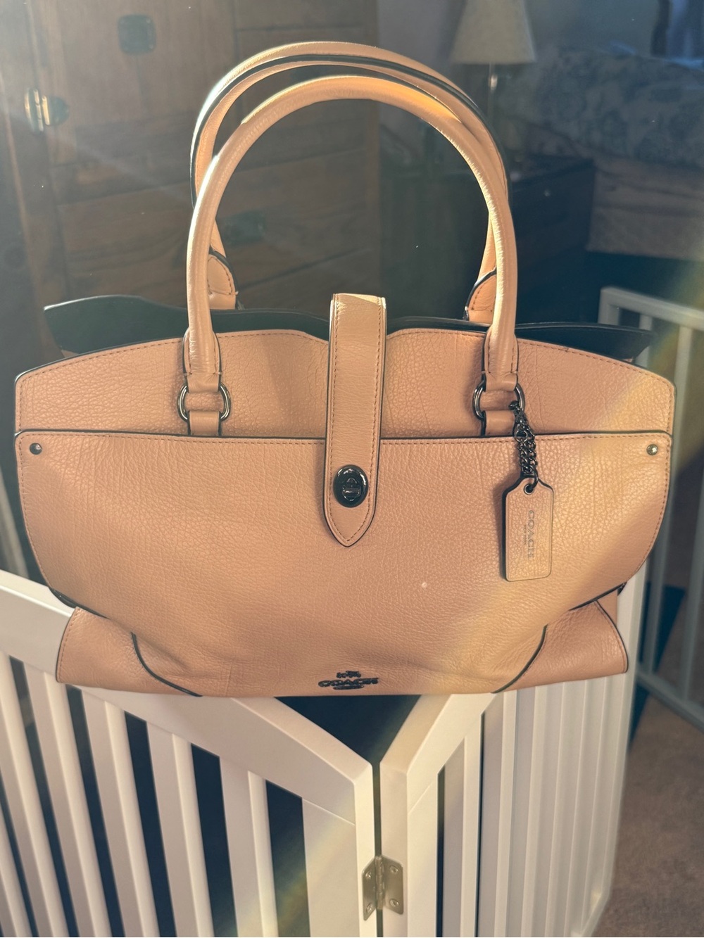 Coach Mercer 30 Pebble Leather Satchel in Light Tan